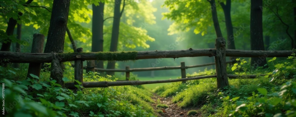 Weathered wooden fence against overgrown forest, trees, nature, forest Weathered wooden fence against overgrown forest, trees, nature, forest