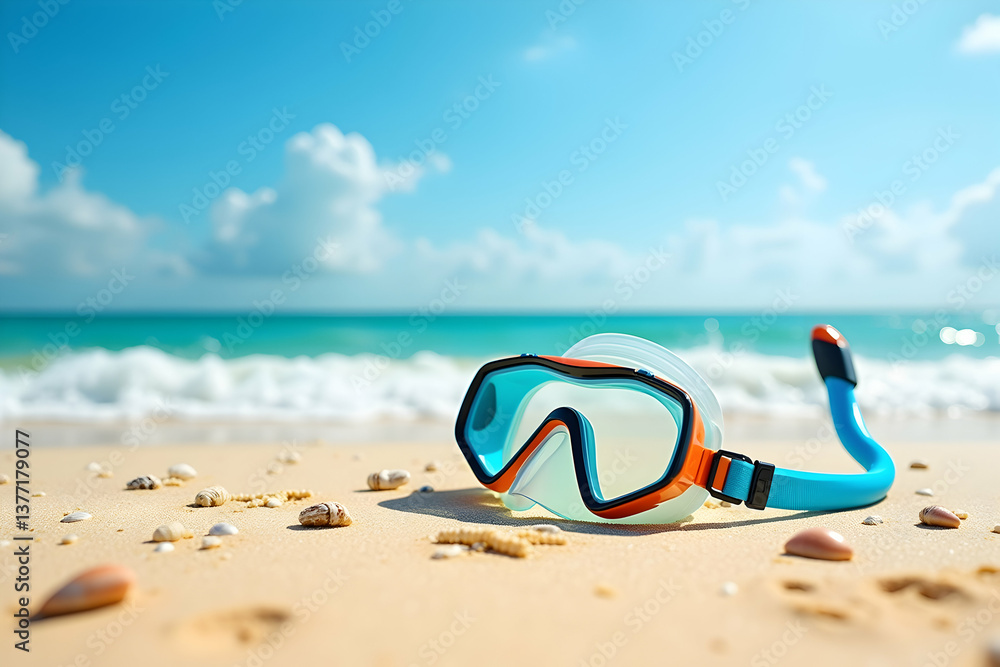 Obraz premium Vibrant diving mask and snorkel set lying on a sunny beach with turquoise ocean waves in the background evoking summer vacation vibes and aquatic adventures