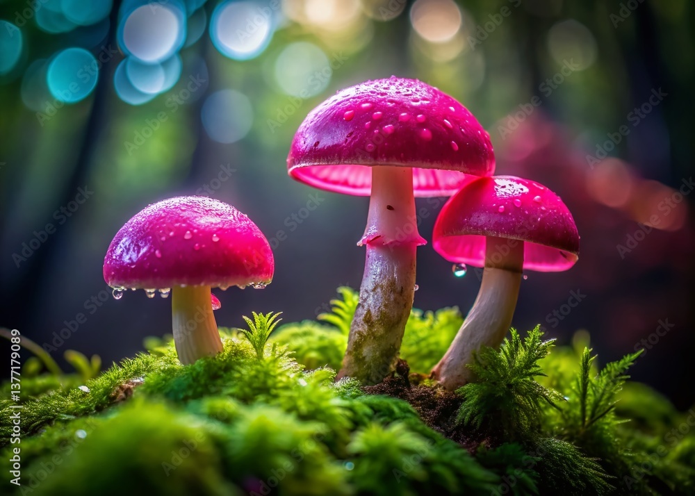 Fototapeta premium Delicate Pink Mushrooms with Dew Drops in Mossy Forest - Stock Photo