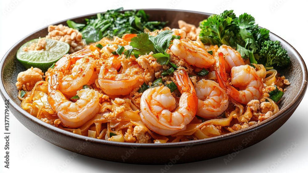 Delicious Pad Thai with shrimp, garnished with lime and fresh herbs, served in bowl. This vibrant dish showcases mix of flavors and textures, perfect for any meal Delicious Pad Thai with shrimp, garnished with lime and fresh herbs, served in bowl. This vibrant dish showcases mix of flavors and textures, perfect for any meal