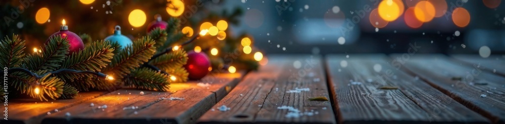 Winter festive lights adorn a wooden table centerpiece, Christmas decoration, Wooden table Winter festive lights adorn a wooden table centerpiece, Christmas decoration, Wooden table