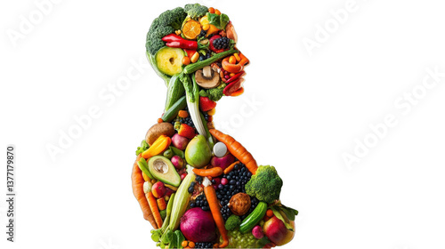 Human silhouette filled with colorful fruits and vegetables for health