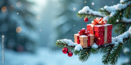 Winter snowfall on branch with gift boxes and ornaments, forest, gift boxes