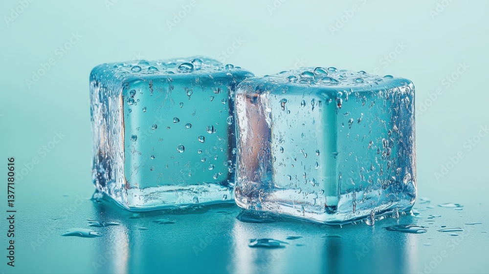 Fresh Ice Cubes with Water Droplets on a Light Blue Background Fresh Ice Cubes with Water Droplets on a Light Blue Background