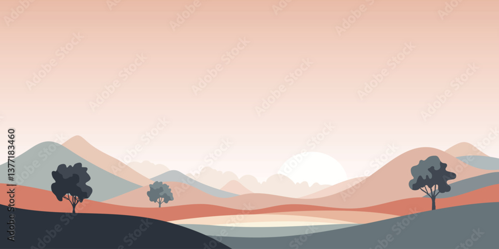 Fototapeta premium Minimalistic mountain landscape, mountain sunrise and sun, vector illustration