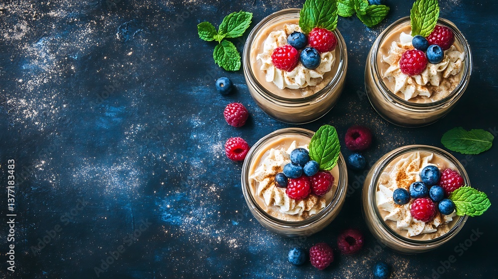 Fototapeta premium Creamy dessert jars with berries, and mint.