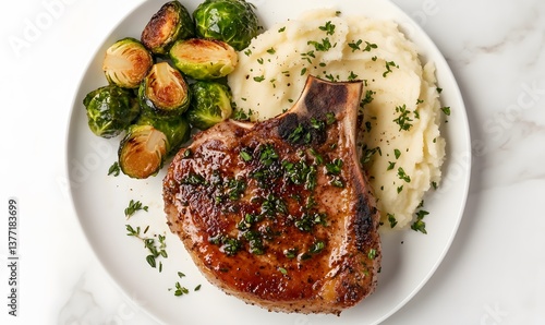 pork chop basted with aromatic herbs, accompanied by a side of garlic mashed potatoes. Generative AI