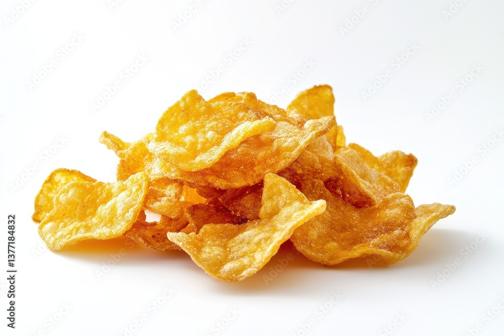 A small pile of crunchy golden snacks on white backdrop A small pile of crunchy golden snacks on white backdrop
