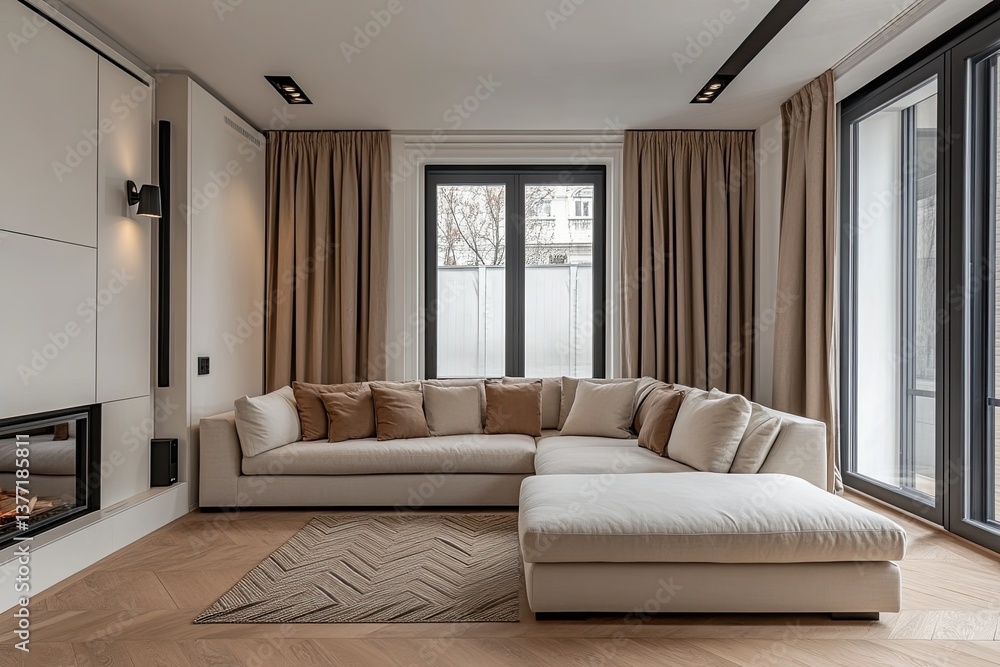 Fototapeta premium Modern living room with beige sectional sofa, hardwood floors, and large windows. Warm neutral tones, contemporary style, and cozy fireplace