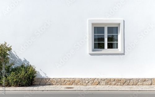 Whitewashed wall with small window, stone base, and shrubbery. Bright sunlight casts shadows. Minimalist exterior scene
