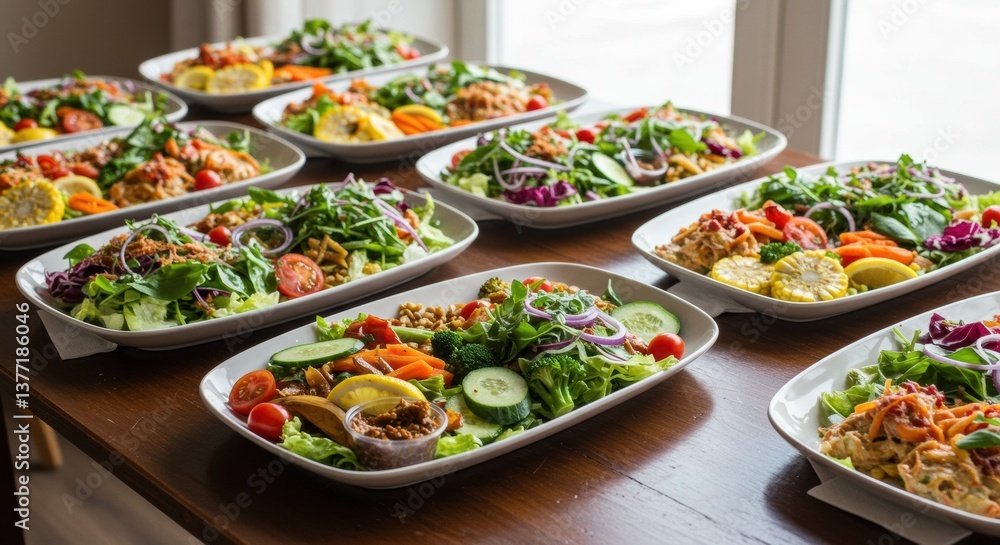 Obraz premium Rows of vibrant Mediterranean-style meal prep plates on wooden table