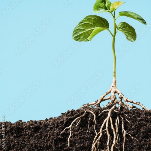 Close-up view of a thriving plant with roots extending deeply into soil highlighting nature's beauty and growth