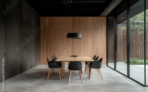 Wallpaper Mural Modern minimalist meeting room interior with dark gray walls, light wood paneling, and a large glass window showcasing an outdoor garden.  A long rectangular table with black chairs is the focal Torontodigital.ca