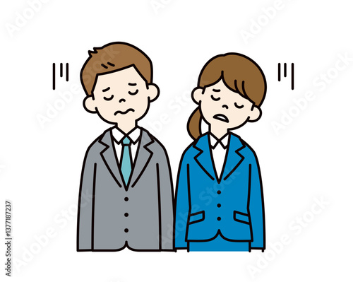 肩を落として落胆する、若い男女の会社員のベクターイラスト素材＿＿線の編集可能＿カラー