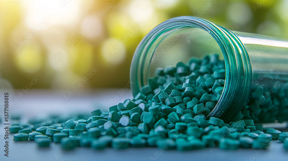 Bright green polymer granules spill from a transparent lab tube onto a clean white background, symbolizing innovation, sustainability, and modern materials in eco-friendly manufacturing.