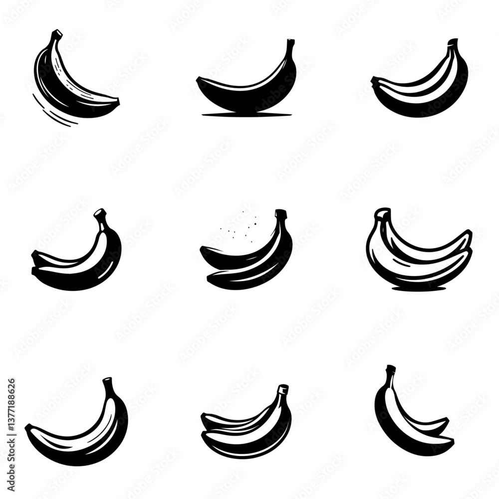 Banana Silhouette Vector Set, Black and White Banana Icons, Minimalist Fruit Illustration, Tropical Food Design, Monochrome Banana Clipart, Organic Healthy Snack, Banana Logo, Simple Banana Drawing Banana Silhouette Vector Set, Black and White Banana Icons, Minimalist Fruit Illustration, Tropical Food Design, Monochrome Banana Clipart, Organic Healthy Snack, Banana Logo, Simple Banana Drawing