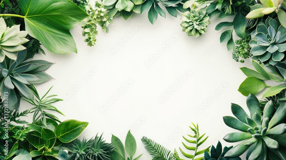 A botanical frame made of various green leaves and succulent plants, creating a nature-inspired border around a blank central space for design. A botanical frame made of various green leaves and succulent plants, creating a nature-inspired border around a blank central space for design.