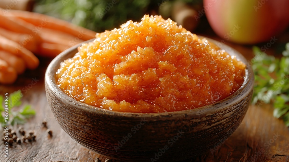 Freshly Prepared Carrot and Apple Puree in Rustic Bowl on Wooden Table Freshly Prepared Carrot and Apple Puree in Rustic Bowl on Wooden Table