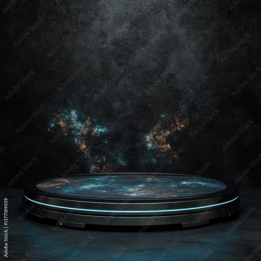 A circular table featuring a glowing surface set in a futuristic space platform with metallic silver accents and design A circular table featuring a glowing surface set in a futuristic space platform with metallic silver accents and design