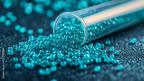 Bright green polymer granules spill from a transparent lab tube onto a clean white background, symbolizing innovation, sustainability, and modern materials in eco-friendly manufacturing.

