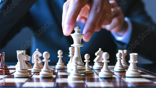 Wallpaper Mural Strategic Move: A close-up shot captures the hand of a businessperson strategically moving a chess piece, symbolizing decision-making and forward planning. Torontodigital.ca