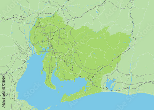 日本の愛知県と隣接する都道府県を含む、シンプルな緑色のロードマップ