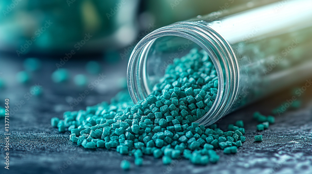 Bright green polymer granules spill from a transparent lab tube onto a clean white background, symbolizing innovation, sustainability, and modern materials in eco-friendly manufacturing.