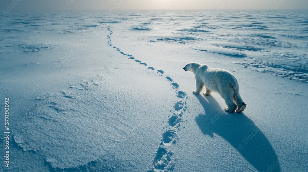 Fototapeta premium Polar bear walking in arctic snow with footprints leading into distance