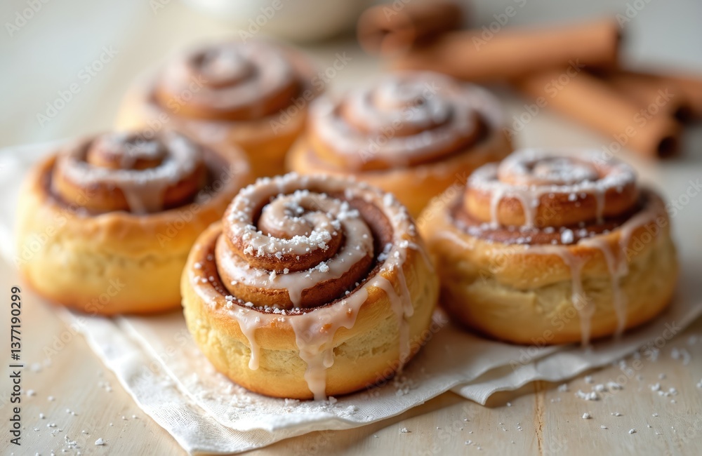 Close-up shot of delicious fresh cinnamon rolls with icing on table. Baked goods dessert with sweet sugar icing on soft dough. Homemade pastry perfect for breakfast brunch. Tasty bakery, food, snack. Close-up shot of delicious fresh cinnamon rolls with icing on table. Baked goods dessert with sweet sugar icing on soft dough. Homemade pastry perfect for breakfast brunch. Tasty bakery, food, snack.