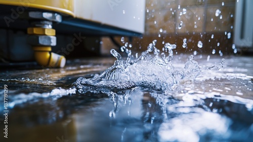 A close-up of water leaking from a broken heater, with visible water damage on the floor and surrounding plumbing issues