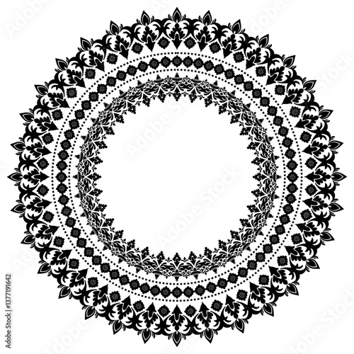 Round Wreath Black circular round ornament floral Abstract pattern Victorian Damask traditional style, illustration Vintage Design, Floral frames, Mandala, Antique, Moroccan