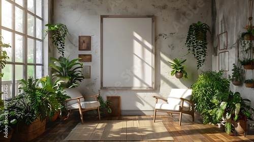 Sunlit Room Interior Design with Large Blank Canvas and Lush Greenery