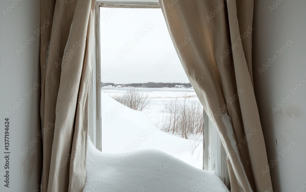 Beige curtains frame a snowy winter landscape viewed from a window. Snow drifts accumulate on the windowsill, obscuring the bottom pane. The view shows a snow covered field and distant horizon Beige curtains frame a snowy winter landscape viewed from a window. Snow drifts accumulate on the windowsill, obscuring the bottom pane. The view shows a snow covered field and distant horizon