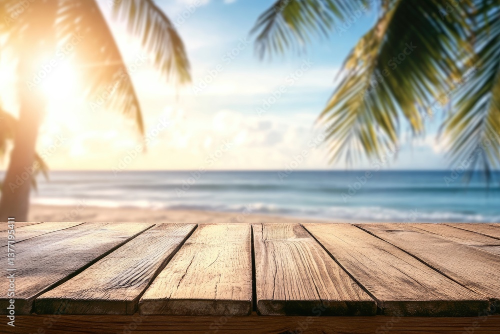 Wooden beach table overlooking ocean and palm trees Wooden beach table overlooking ocean and palm trees