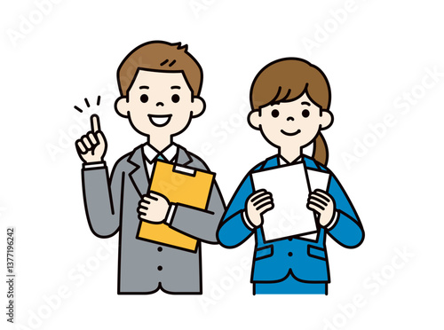 ポイントを解説する、若い男女の会社員のベクターイラスト素材＿＿線の編集可能＿カラー