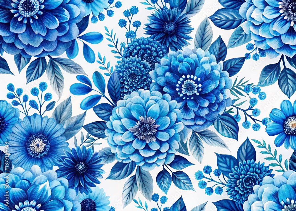 Elegant Blue Geometric Floral Pattern for Spring Fabric Design - White Background Elegant Blue Geometric Floral Pattern for Spring Fabric Design - White Background