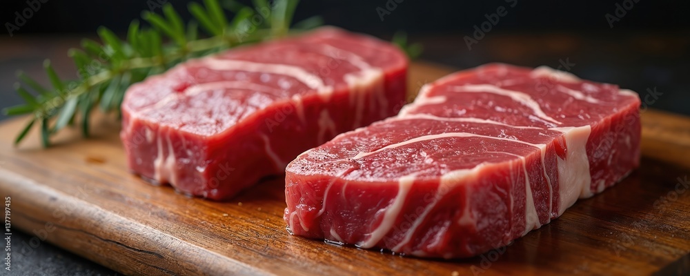 Fototapeta premium Raw beef steaks on wooden cutting board. Wagyu meat texture with marbling, high quality. Food for meat lovers. Butchery product, culinary art, cooking.