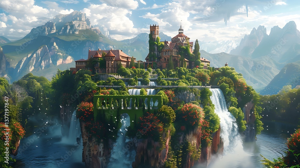 Fototapeta premium Majestic Castle Perched on a Lush Island Waterfall Paradise Stunning Mountain Scenery