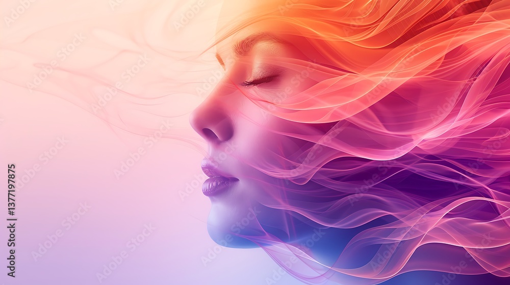 Serene Woman's Face in Abstract Colorful Smoke and Waves A Peaceful and Dreamlike Portrait Serene Woman's Face in Abstract Colorful Smoke and Waves A Peaceful and Dreamlike Portrait