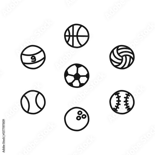 Sport ball icons feature a hand-drawn cartoon style, perfect for sports branding, game apps, and educational materials. The colorful vector design enhances usability for digital and print projects.
