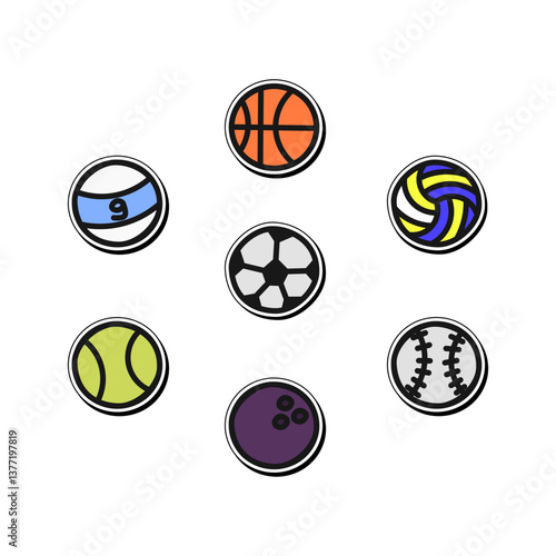 Sport ball icons feature a hand-drawn cartoon style, perfect for sports branding, game apps, and educational materials. The colorful vector design enhances usability for digital and print projects.