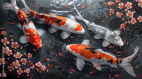 Vibrant Koi Fish Swimming Gracefully in a Serene Pond with Delicate Cherry Blossoms