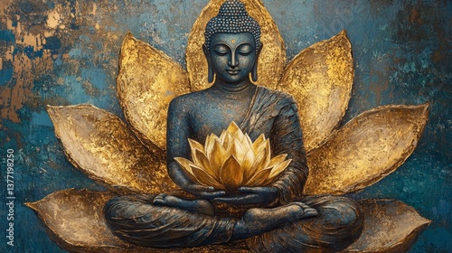 Golden buddha meditating on lotus with radiant aura
