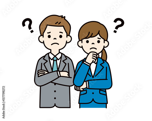 はてなマークと、困り顔の若い男女の会社員のベクターイラスト素材＿＿線の編集可能＿カラー