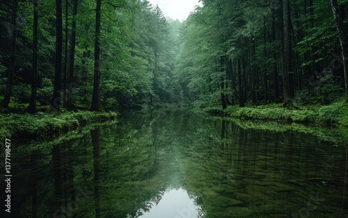 Serene view of a calm river reflecting lush green trees, creating a tranquil and mystical atmosphere. The soft lighting enhances the tranquil mood of the scene