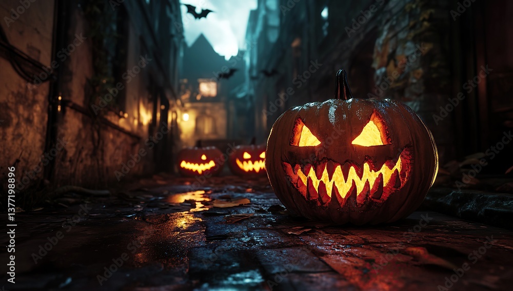 Halloween pumpkins with glowing faces and sharp teeth standing in an abandoned street at night, Halloween pumpkins with glowing faces and sharp teeth standing in an abandoned street at night,