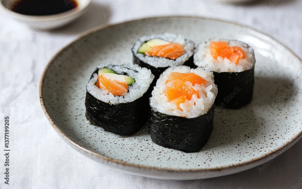 Four pieces of sushi on a speckled gray plate. The sushi includes salmon and avocado. A small dish of soy sauce is visible in the background Four pieces of sushi on a speckled gray plate. The sushi includes salmon and avocado. A small dish of soy sauce is visible in the background
