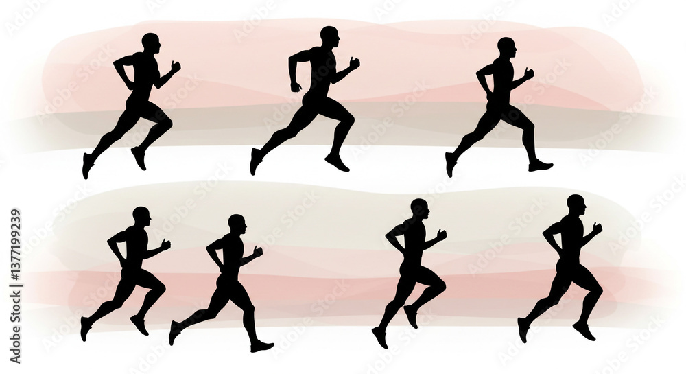 The rhythmic grace of a runner's stride, captured in elegant black silhouettes against a soft, watercolor backdrop. The rhythmic grace of a runner's stride, captured in elegant black silhouettes against a soft, watercolor backdrop.