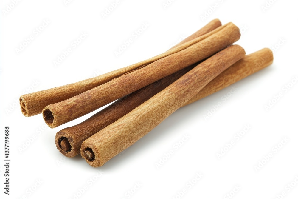 Several brown cinnamon sticks arranged on a white background display Several brown cinnamon sticks arranged on a white background display