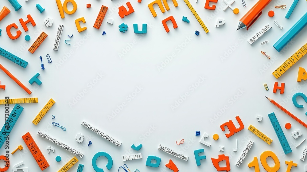 A colorful arrangement of letters, numbers, and stationery items on a white background, creating a playful and creative workspace vibe. A colorful arrangement of letters, numbers, and stationery items on a white background, creating a playful and creative workspace vibe.